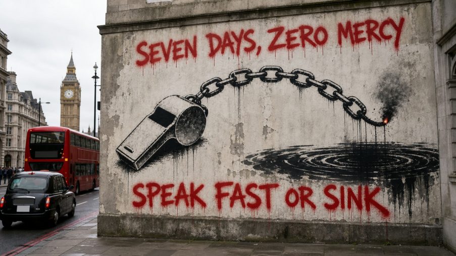 Street-art style illustration: a whistle on a chain, six spent matches and one intact beside it; painted red slogans above and below.