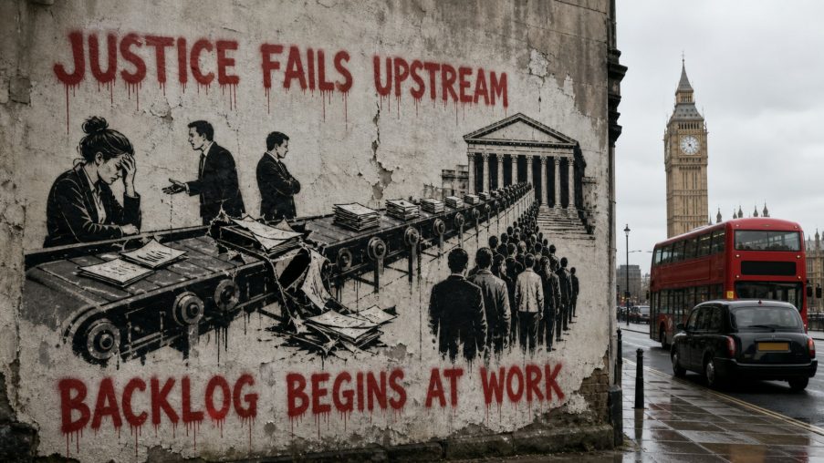 Street-art style illustration: a queue of empty chairs outside a closed door in early light; painted red slogans above and below.