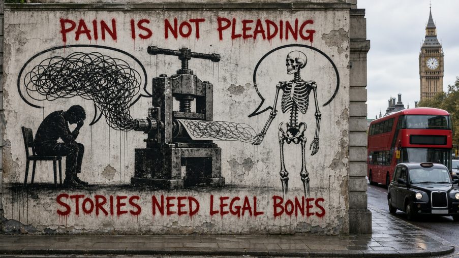 Street-art style illustration: tangled wool being wound into a tight ordered ball; painted red slogans above and below.