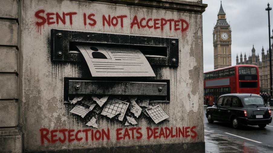 Street-art style illustration: a letterbox slot with a sheet caught halfway through; painted red slogans above and below.