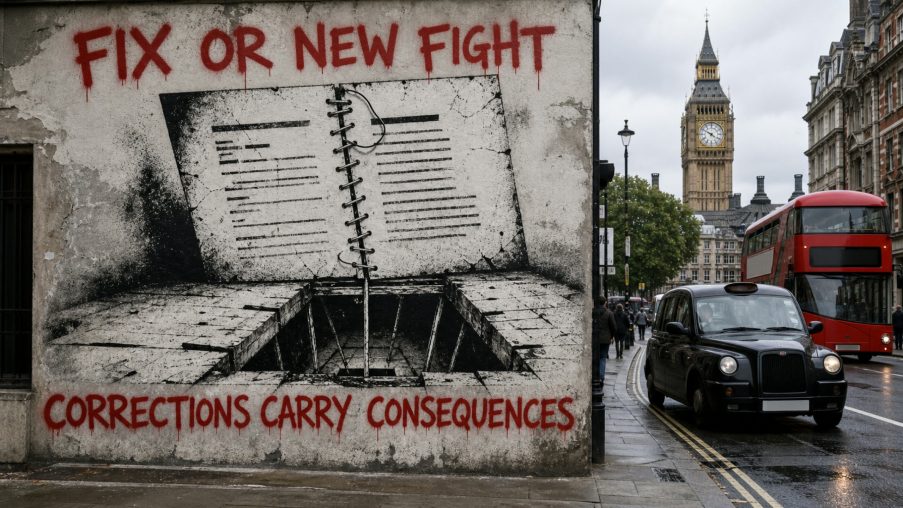 Street-art style illustration: a document repaired with a neatly tipped-in paper patch; painted red slogans above and below.