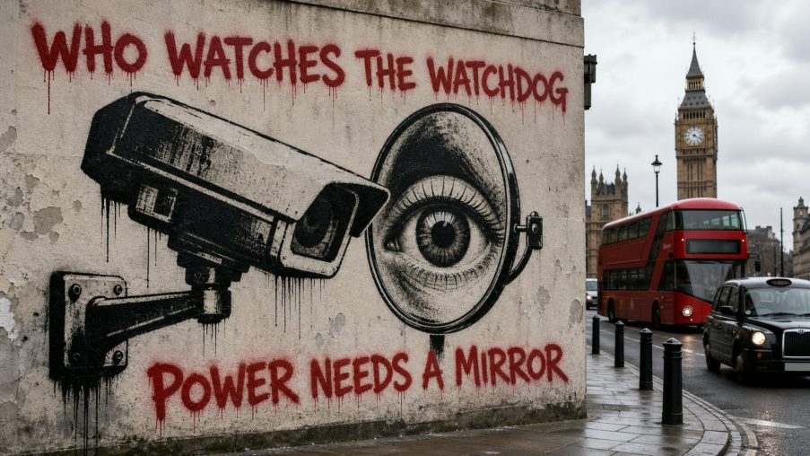 Street-art style illustration: a surveillance camera aimed at a mirror; painted red slogans above and below.