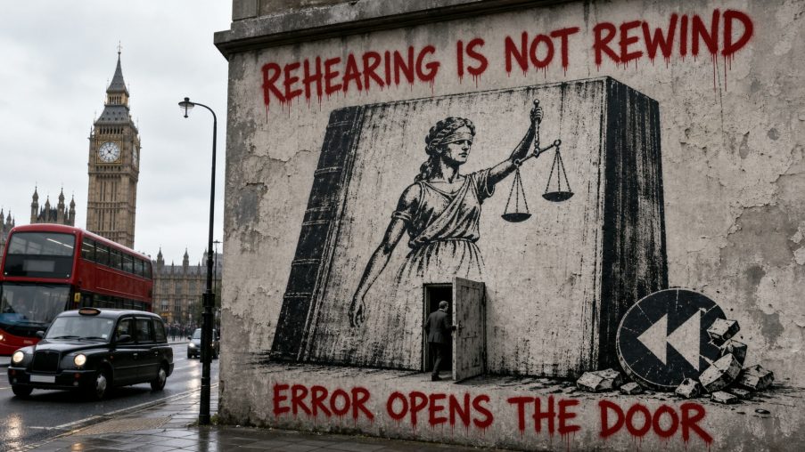 Street-art style illustration: a full-size door with a much smaller door set within it; painted red slogans above and below.