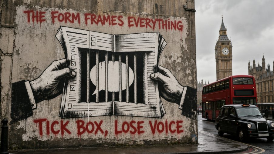 Street-art style illustration: a small document casting a much larger shadow; painted red slogans above and below.