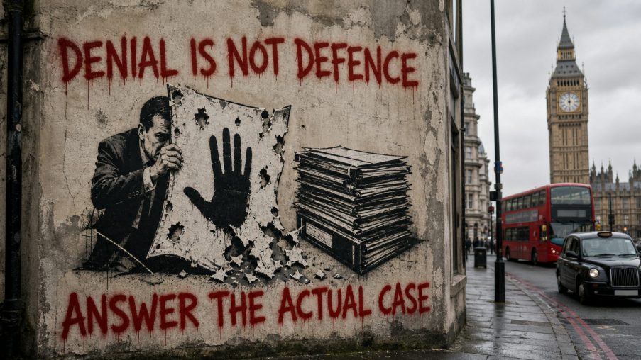 Street-art style illustration: a paper shield propped against a wall, thin against the light; painted red slogans above and below.