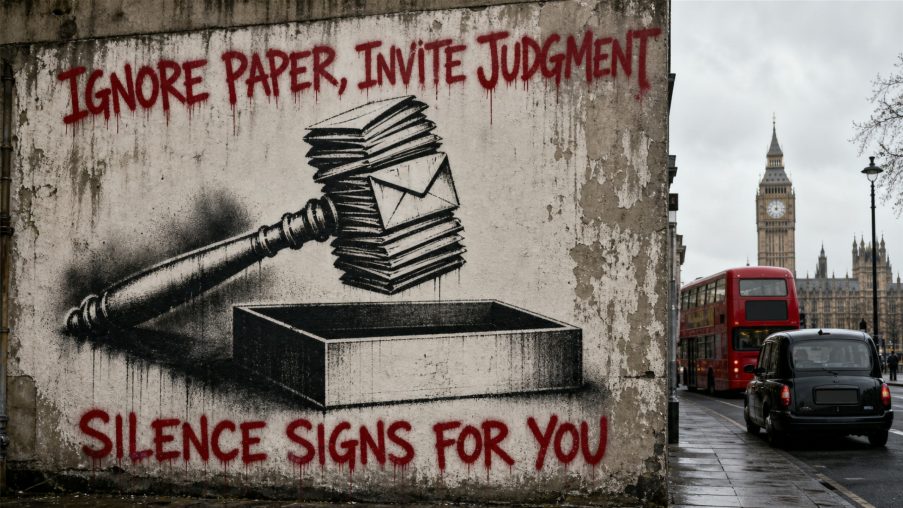 Street-art style illustration: a stack of unopened envelopes casting a long shadow; painted red slogans above and below.