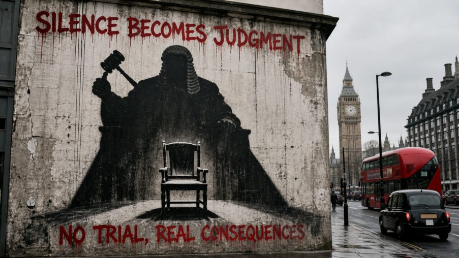 Street-art style illustration: two chairs facing across a table, papers stacked on the empty side; painted red slogans above and below.