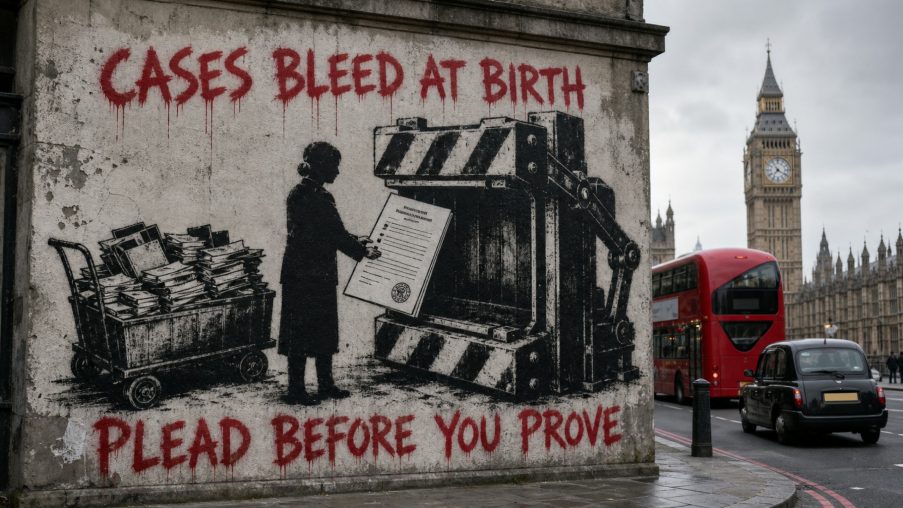 Street-art style illustration: a plumb line hanging true beside an off-level brick course; painted red slogans above and below.
