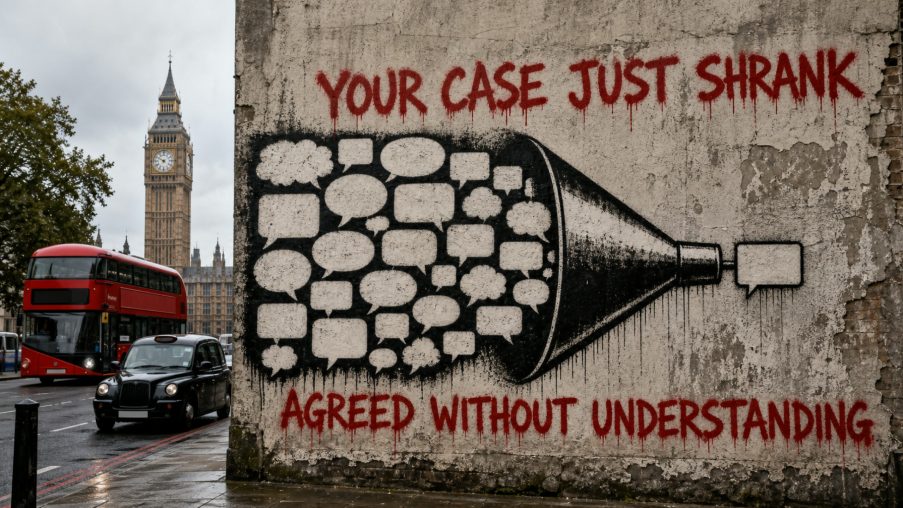 Street-art style illustration: a wide fan of pages funnelled down to the width of one sheet; painted red slogans above and below.