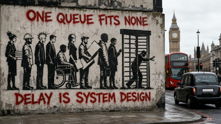 Street-art style illustration: parcels of many sizes queued at one narrow doorway; painted red slogans above and below.