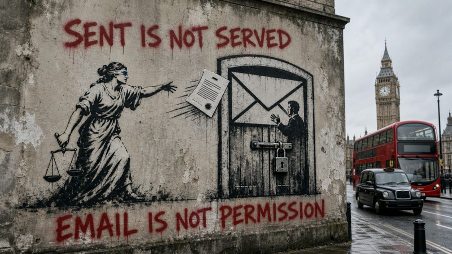 Street-art style illustration: an unopened envelope on a doormat at a closed door; painted red slogans above and below.