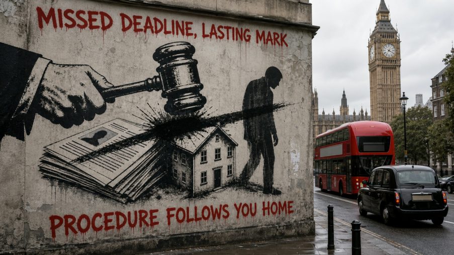 Street-art style illustration: an ink blot bleeding through the layers of a paper stack; painted red slogans above and below.