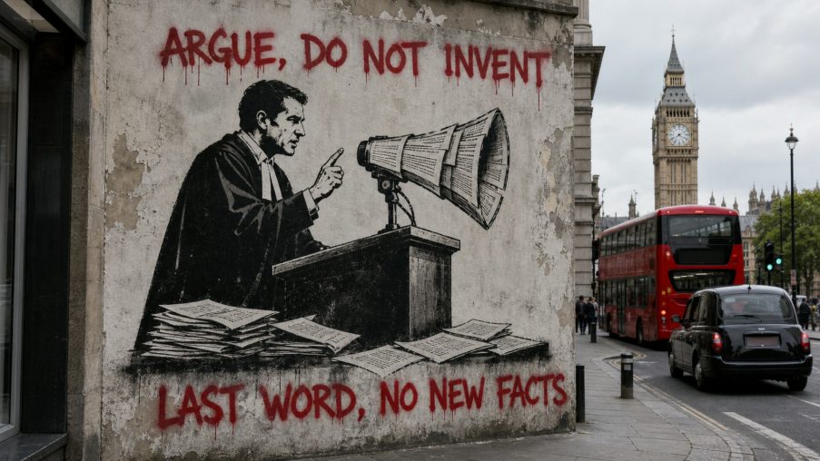 Street-art style illustration: a lectern holding one sheet, a thick bound file left on a chair behind; painted red slogans above and below.