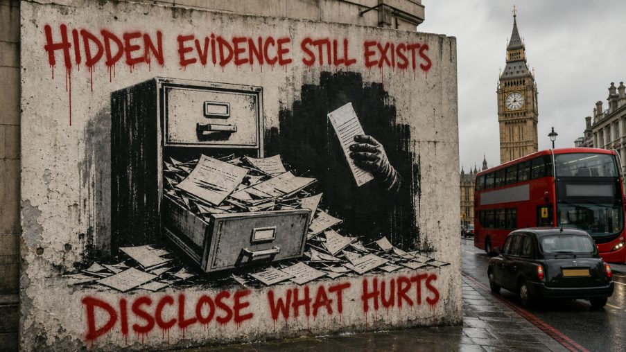 Street-art style illustration: a filing box with documents fanned open, one held back in shadow; painted red slogans above and below.