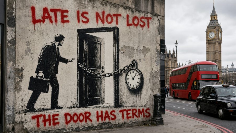 Street-art style illustration: a door ajar on a security chain; painted red slogans above and below.