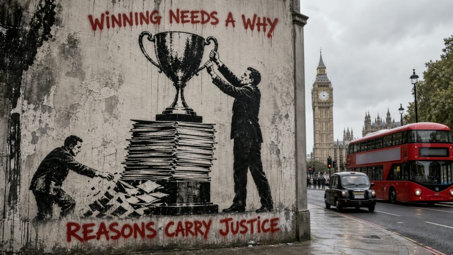 Street-art style illustration: balance scales at rest with a thick folded document beneath the lower pan; painted red slogans above and below.