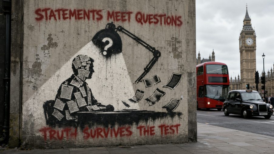 Street-art style illustration: an empty witness chair by a window, an open document with lifting pages; painted red slogans above and below.
