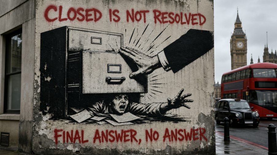 Street-art style illustration: a filing drawer shut with a paper ribbon caught in it; painted red slogans above and below.