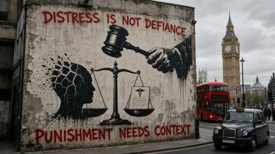 Street-art style illustration: a heavy stone paperweight pinning a thin sheet of paper; painted red slogans above and below.