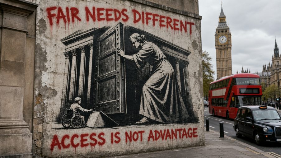 Street-art style illustration: a doorway propped open by a small wooden wedge; painted red slogans above and below.
