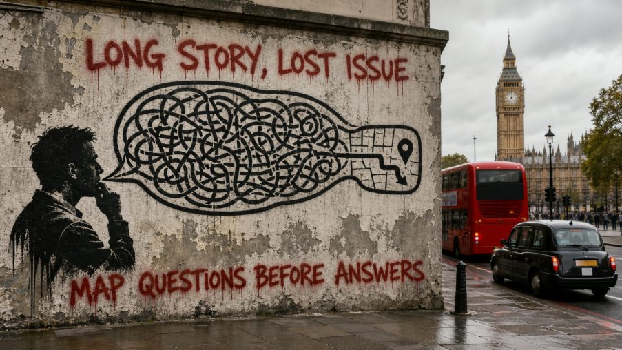 Street-art style illustration: tangled thread combed into straight parallel strands; painted red slogans above and below.