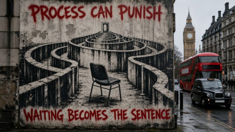 Street-art style illustration: an empty chair at the end of a long plain corridor; painted red slogans above and below.