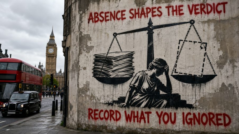 Street-art style illustration: a shelf of box files with one missing, dust outline left; painted red slogans above and below.