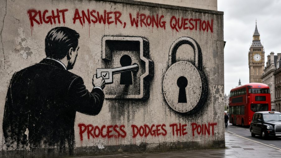 Street-art style illustration: a key lying beside a lock it cannot fit; painted red slogans above and below.