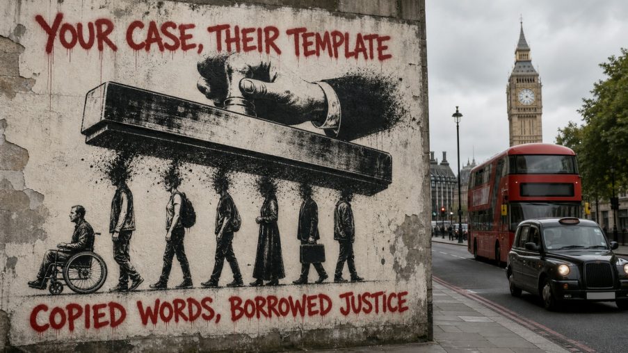 Street-art style illustration: a row of identical stamp impressions, the last fading; painted red slogans above and below.